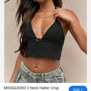 Missguided Black V-Neck Halter Crop Top with Center Ring